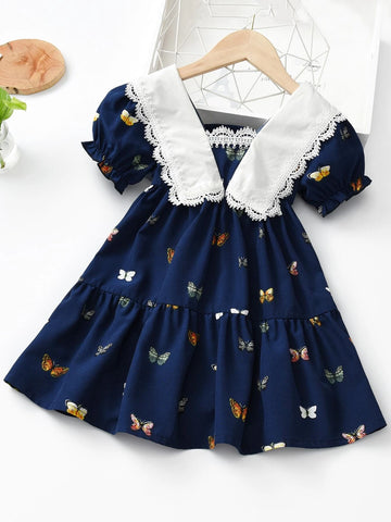 Young Girl Butterfly Print Puff Sleeve Ruffle Hem Dress