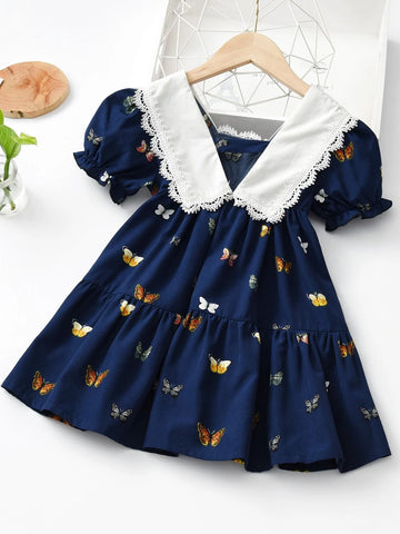 Young Girl Butterfly Print Puff Sleeve Ruffle Hem Dress