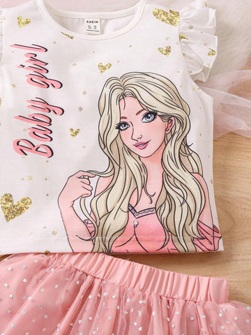 Young Girl Cartoon Character & Letter Print Top And Mesh Heart Patterned Skirt Set