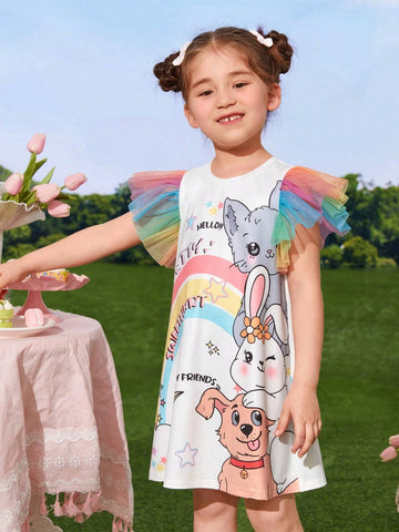 Young Girl Cartoon Graphic Contrast Mesh Ruffle Trim Dress