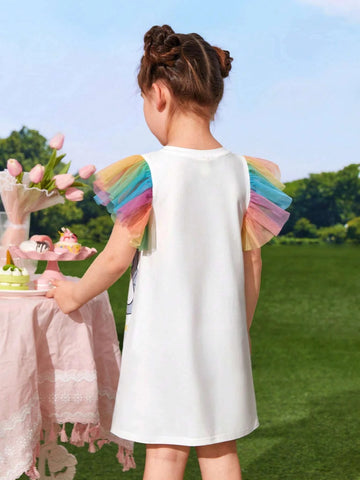 Young Girl Cartoon Graphic Contrast Mesh Ruffle Trim Dress