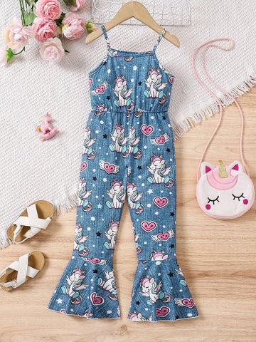 Young Girl Cartoon Print Sleeveless Jumpsuit