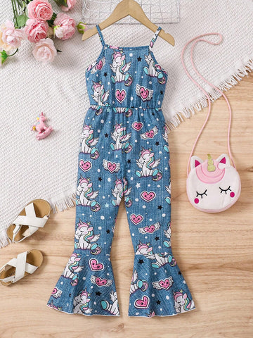 Young Girl Cartoon Print Sleeveless Jumpsuit