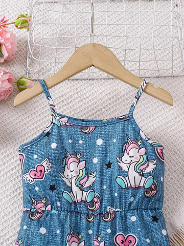 Young Girl Cartoon Print Sleeveless Jumpsuit