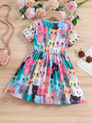 Young Girl Cartoon Printed Round Neck Regular Sleeve Dress For Summer