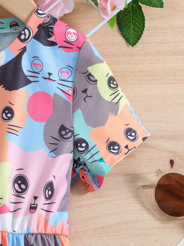 Young Girl Cartoon Printed Round Neck Regular Sleeve Dress For Summer