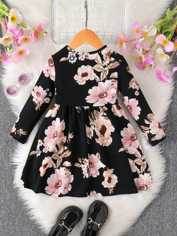 Young Girl Casual 1pc Cute Colorful Floral/Flower Pattern Knitted Dress,Autumn And Winter,Great For Casual & Daily Wear & School Daily