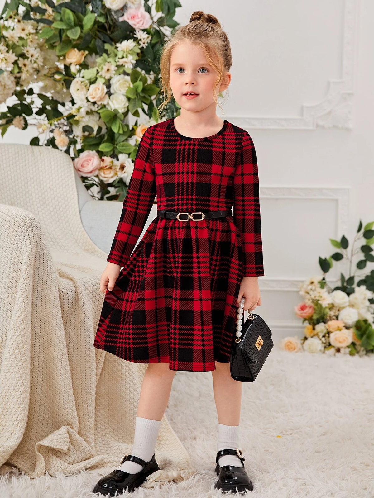 Young Girl Casual 1pc Cute Colorful Floral/Flower Pattern Knitted Dress, Autumn And Winter, Great For Casual & Daily Wear & School Daily