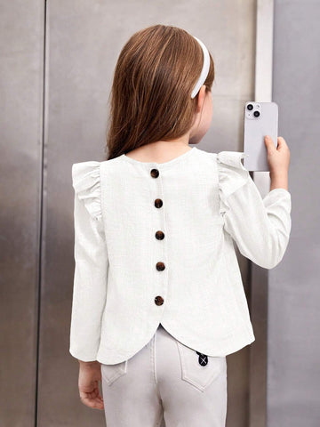 Young Girl Casual Cap Sleeve Button Back Round Neck Long Sleeve Shirt