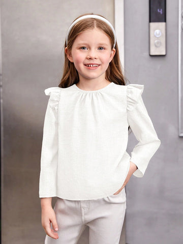 Young Girl Casual Cap Sleeve Button Back Round Neck Long Sleeve Shirt