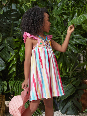 Young Girl Casual Striped Square Neck Ruffle Trim Patchwork Woven Belt Dress