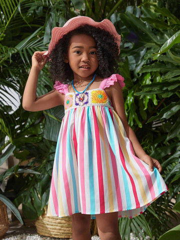 Young Girl Casual Striped Square Neck Ruffle Trim Patchwork Woven Belt Dress
