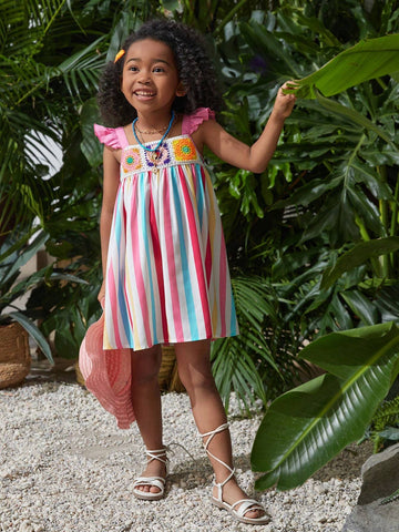 Young Girl Casual Striped Square Neck Ruffle Trim Patchwork Woven Belt Dress