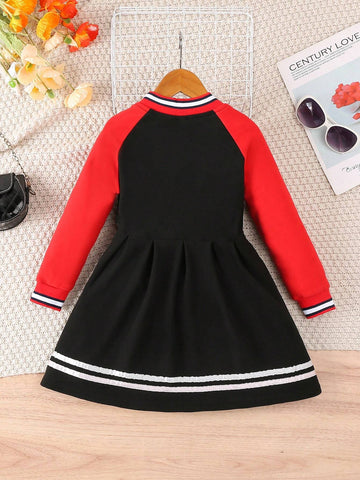 Young Girl Casual Color Block Letter Embroidery Long Dress For Autumn