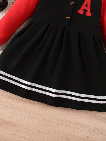Young Girl Casual Color Block Letter Embroidery Long Dress For Autumn
