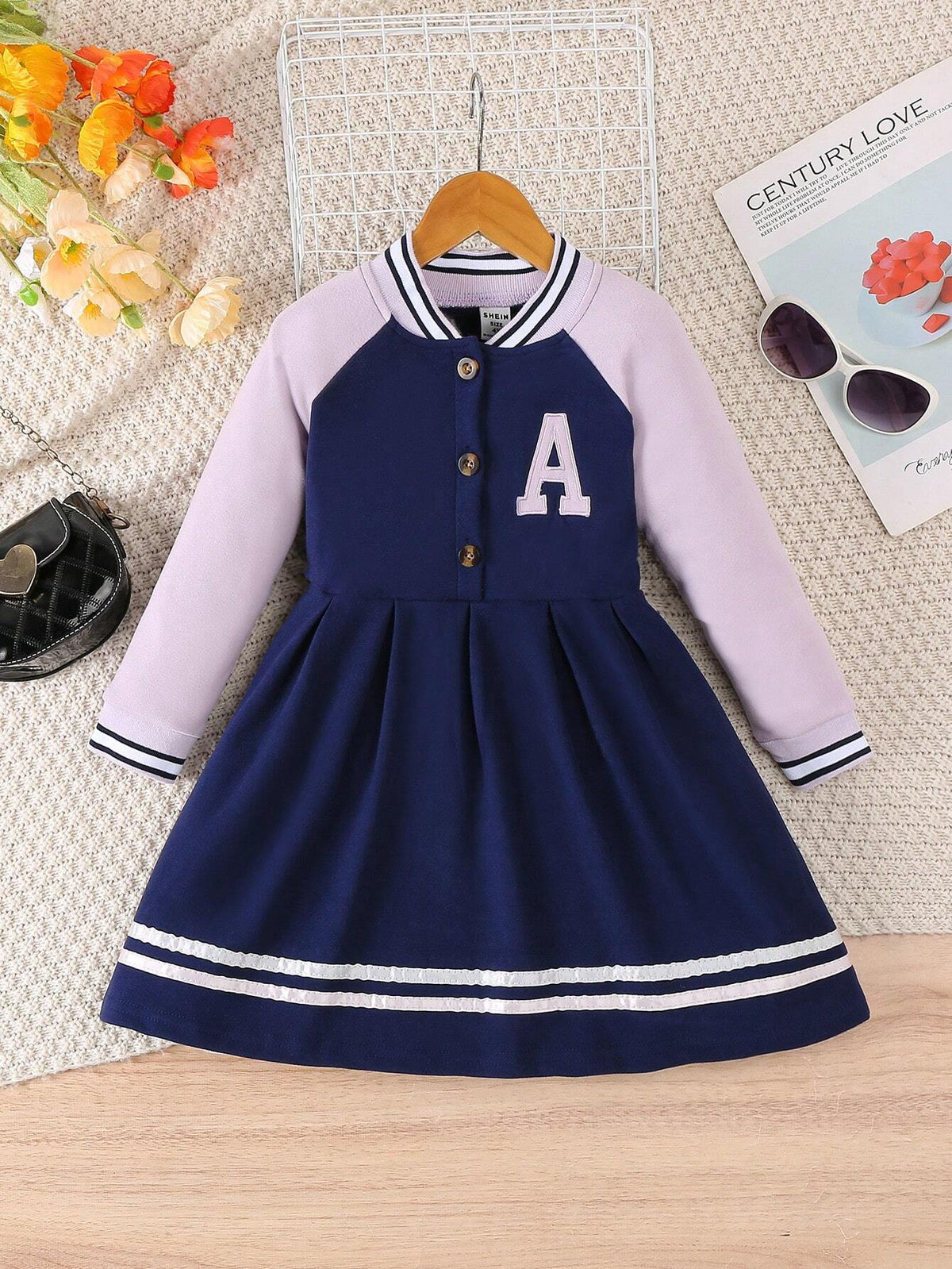 Young Girl Casual Colorblock Splicing Letter Embroidered Long Sleeve Dress, Autumn/Winter
