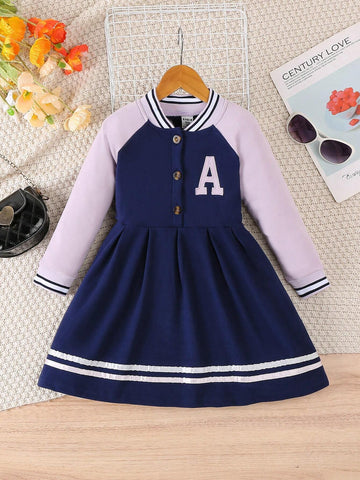 Young Girl Casual Colorblock Splicing Letter Embroidered Long Sleeve Dress, Autumn/Winter