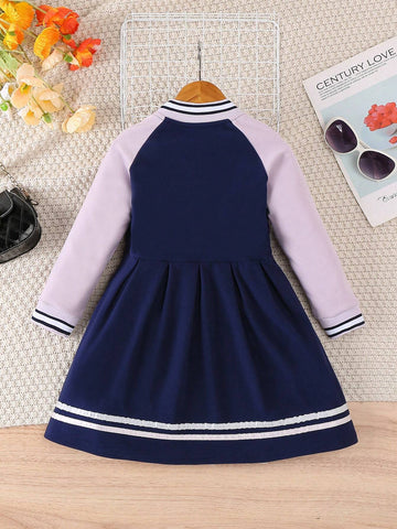 Young Girl Casual Colorblock Splicing Letter Embroidered Long Sleeve Dress, Autumn/Winter