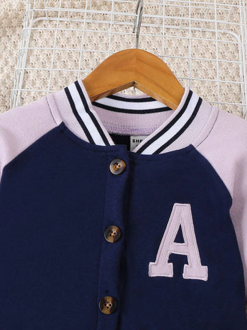 Young Girl Casual Colorblock Splicing Letter Embroidered Long Sleeve Dress, Autumn/Winter