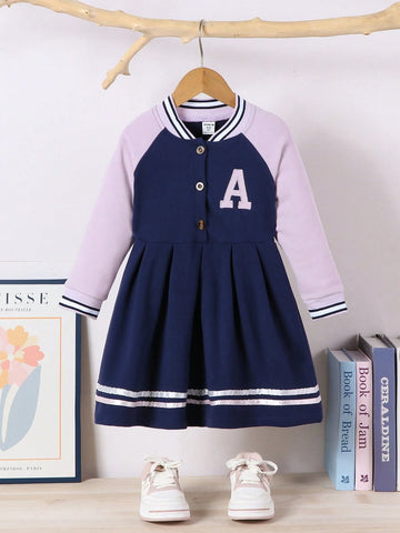 Young Girl Casual Colorblock Splicing Letter Embroidered Long Sleeve Dress, Autumn/Winter
