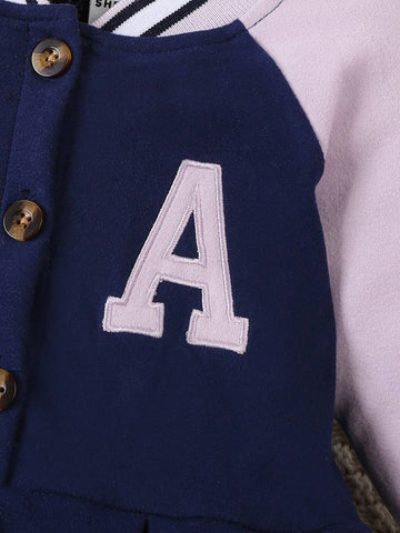 Young Girl Casual Colorblock Splicing Letter Embroidered Long Sleeve Dress, Autumn/Winter