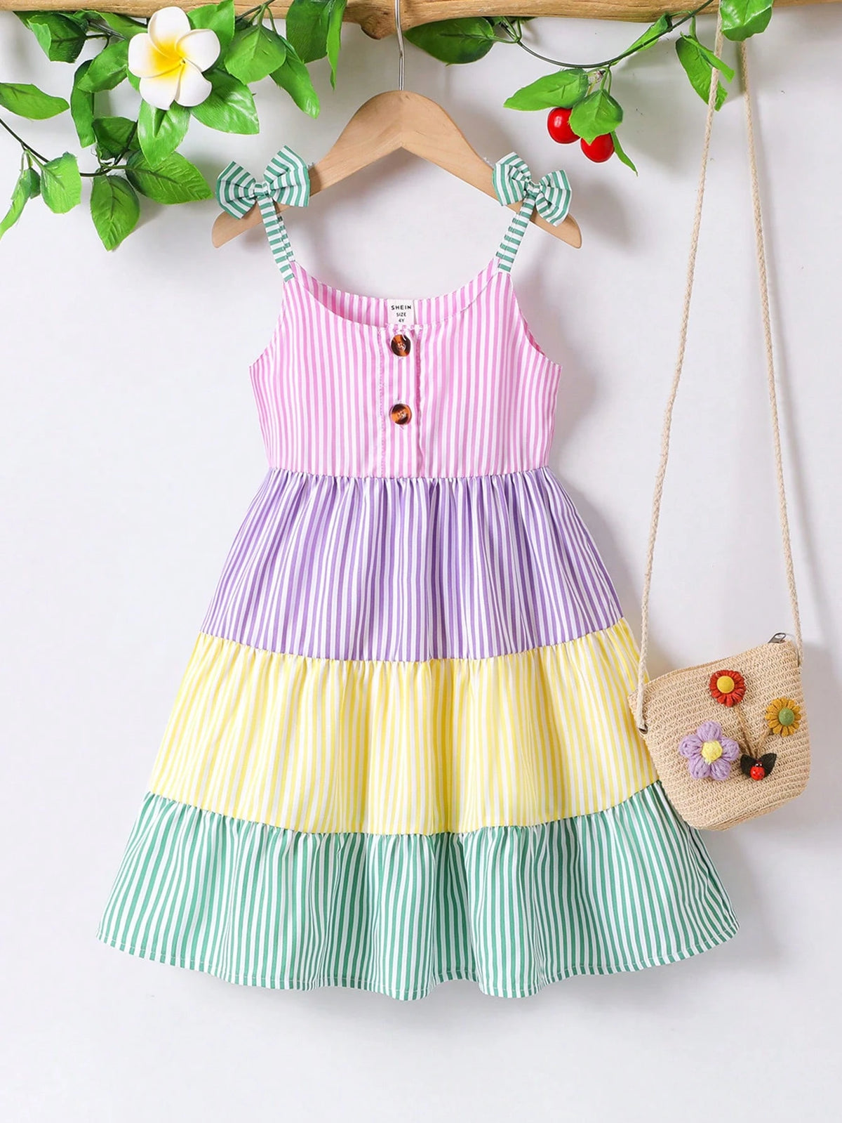 Young Girl' Casual Colorblock Striped Strap Cake Dress, Summer