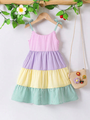 Young Girl' Casual Colorblock Striped Strap Cake Dress, Summer