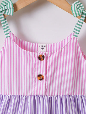 Young Girl' Casual Colorblock Striped Strap Cake Dress, Summer