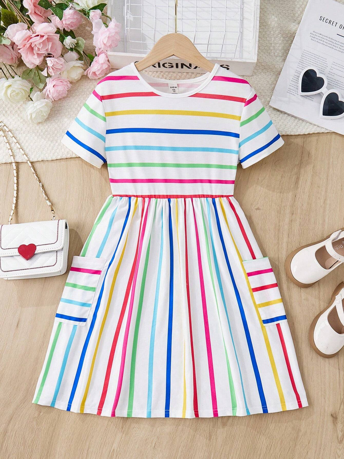 Young Girl Casual Colorful Striped Knit Round Neck Short Sleeve Dress