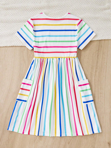 Young Girl Casual Colorful Striped Knit Round Neck Short Sleeve Dress