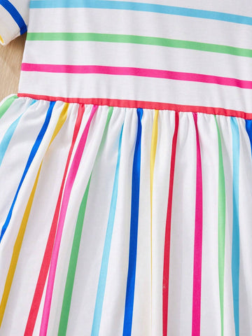 Young Girl Casual Colorful Striped Knit Round Neck Short Sleeve Dress