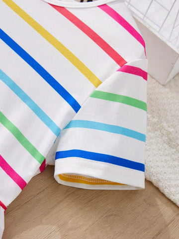 Young Girl Casual Colorful Striped Knit Round Neck Short Sleeve Dress