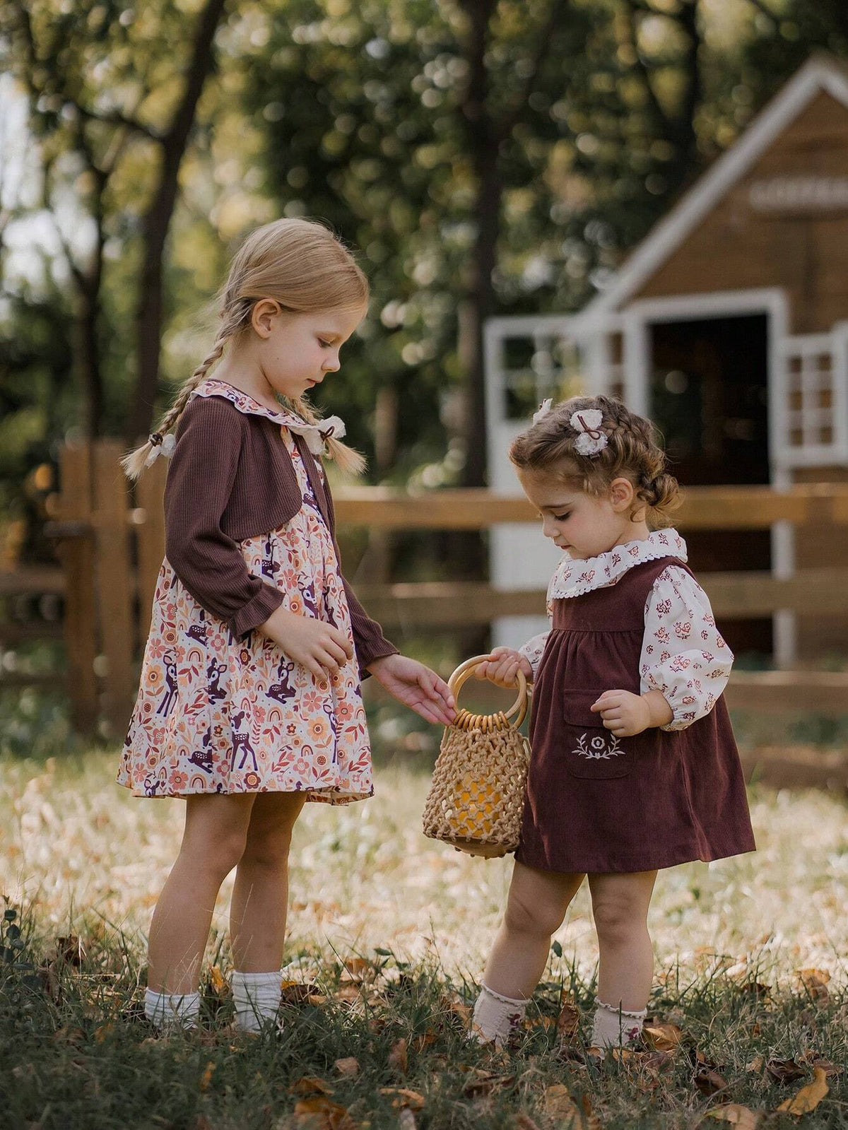 Young Girl Casual Cute Deer Print Ruffle Hem Dress, Autumn