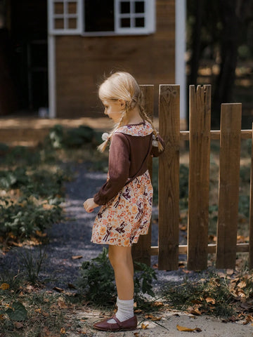 Young Girl Casual Cute Deer Print Ruffle Hem Dress, Autumn