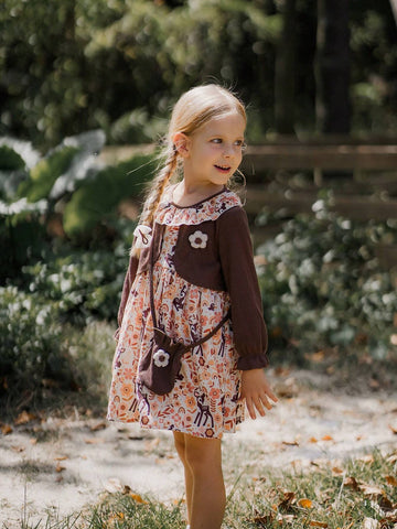 Young Girl Casual Cute Deer Print Ruffle Hem Dress, Autumn