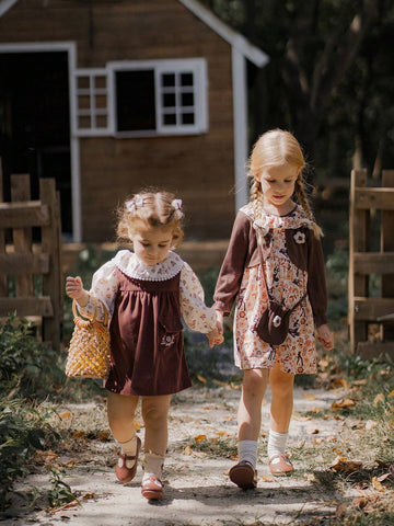 Young Girl Casual Cute Deer Print Ruffle Hem Dress, Autumn