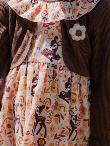 Young Girl Casual Cute Deer Print Ruffle Hem Dress, Autumn