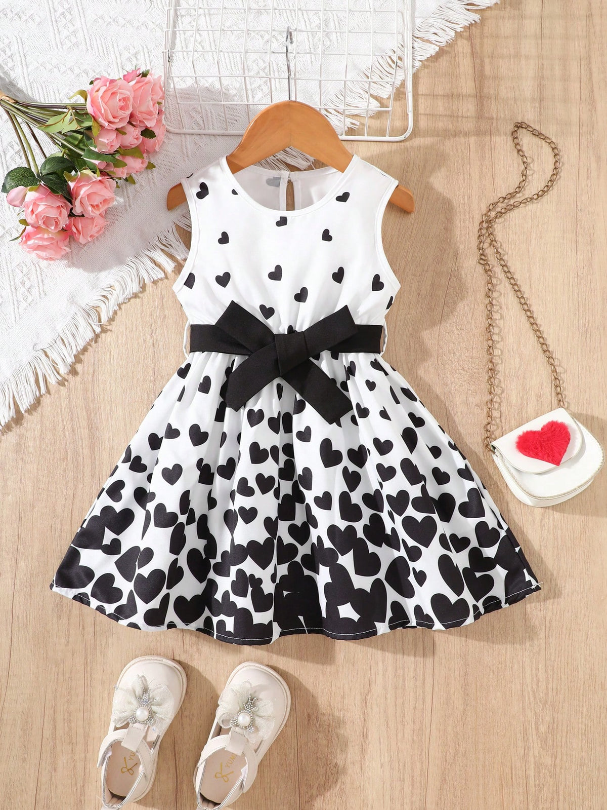 Young Girl Casual Cute Heart Print Belt Waist Sleeveless Dress, Summer