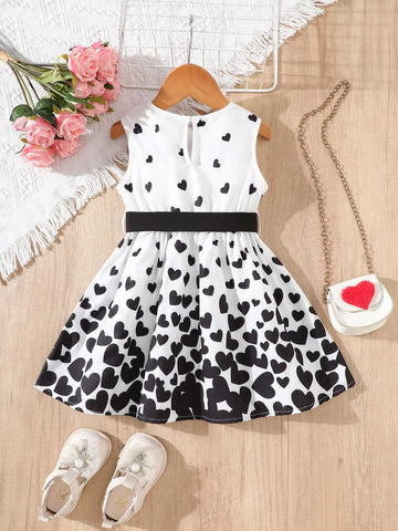 Young Girl Casual Cute Heart Print Belt Waist Sleeveless Dress, Summer