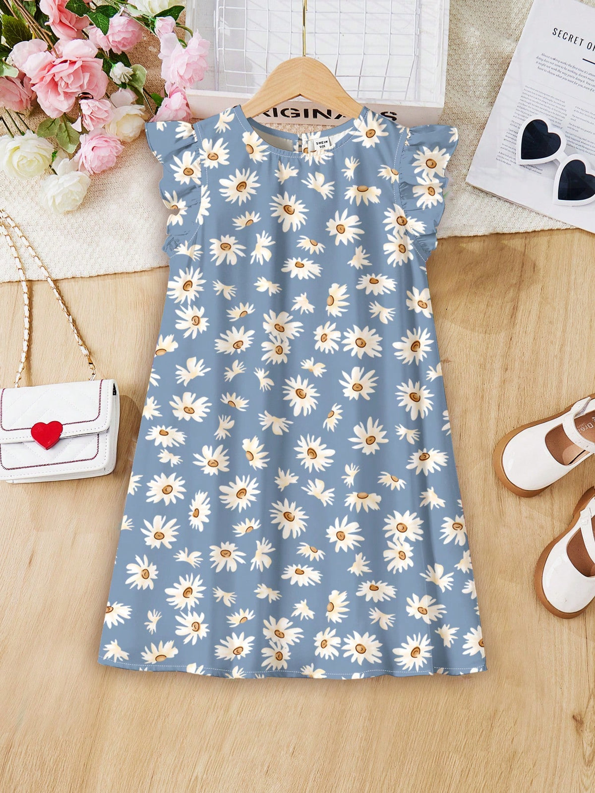 Young Girl Casual Cute Minimalist Floral Print Ruffle Hem Vacation Dress