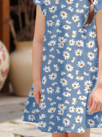 Young Girl Casual Cute Minimalist Floral Print Ruffle Hem Vacation Dress