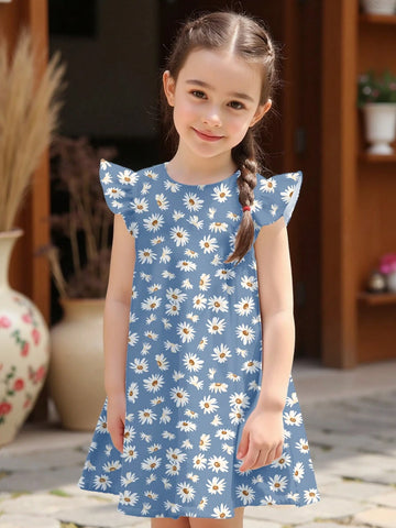 Young Girl Casual Cute Minimalist Floral Print Ruffle Hem Vacation Dress