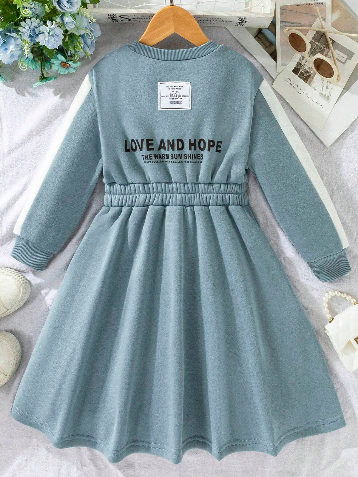 Young Girl Casual Daily Wear Letter Print Color Block Round Neck Dress, Autumn