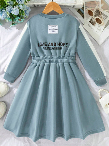 Young Girl Casual Daily Wear Letter Print Color Block Round Neck Dress, Autumn