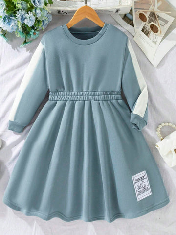 Young Girl Casual Daily Wear Letter Print Color Block Round Neck Dress, Autumn