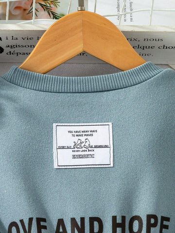 Young Girl Casual Daily Wear Letter Print Color Block Round Neck Dress, Autumn