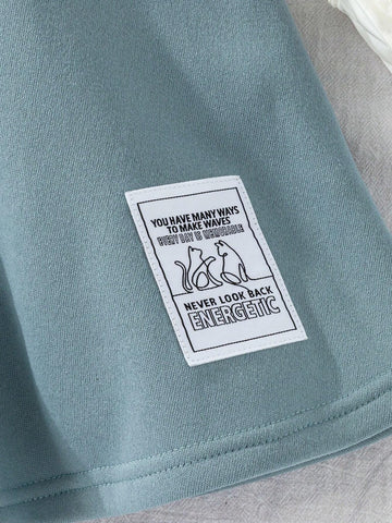 Young Girl Casual Daily Wear Letter Print Color Block Round Neck Dress, Autumn