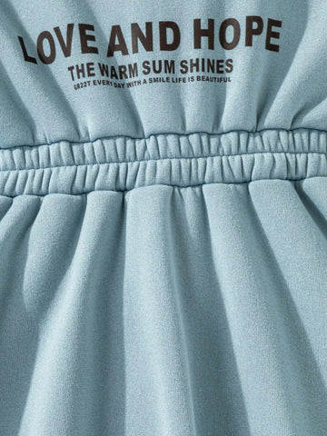 Young Girl Casual Daily Wear Letter Print Color Block Round Neck Dress, Autumn