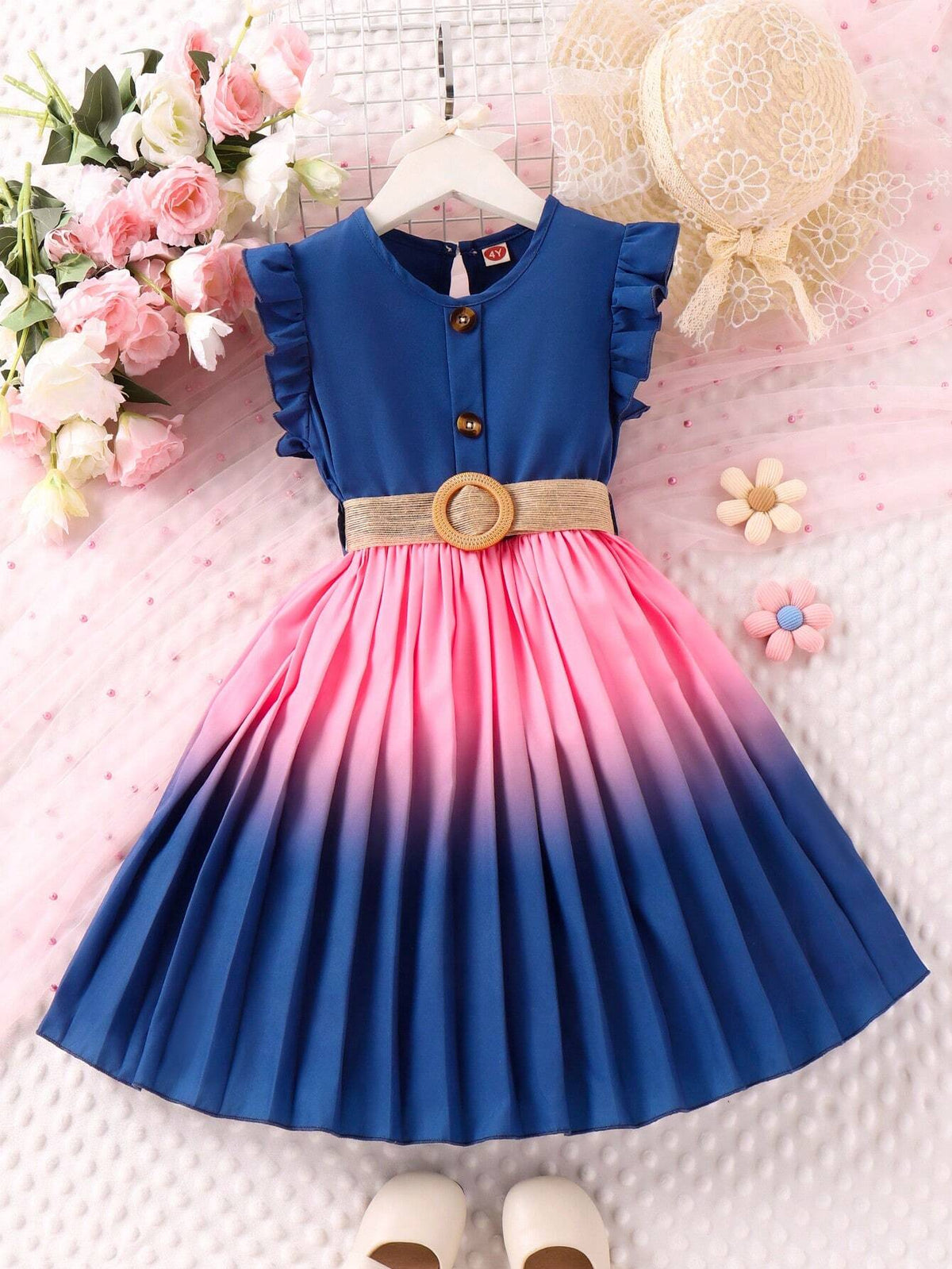 Young Girl Casual Elegant Ladylike Charming Fashionable Gradient Pleated Hem Sleeveless Dress For Spring And Autumn Vacation
