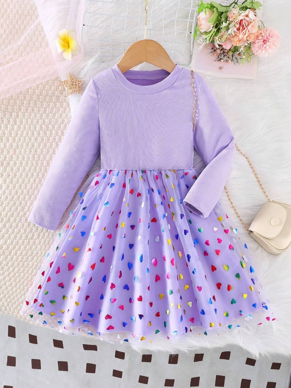 Young Girl Casual Elegant Round Neck Long Sleeve Cinched Waist A-Line Colorful Heart Net Overlay Party Dress, Spring/Autumn